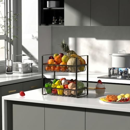 Image of 2 Tier Countertop Fruit and Vegetables Basket | Multipurpose Storage Organize Stand for Kitchen, Dining Table and Bathroom (2 Tier Black)