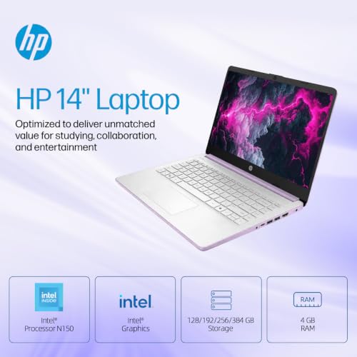 Image of HP 14 inch HD Student Business Laptop, Intel N150, 4GB RAM, 192GB Storage | (128GB UFS + 64GB SD Card), 1 Year Office 365, 720p Webcam, Slim Design, Copilot AI, WiFi 6, Win 11, Honey Lavender
