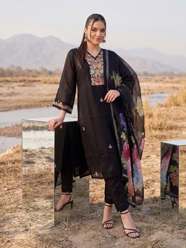 Image of INDO ERA Women's Silk Blend Embroidered Thread Work Kurta & Pant with Dupatta Set