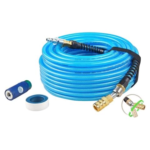 SANFU Air Compressor Hose 1/4 Inch x 100 Feet Flexible Reinforced Smooth Polyurethane(PU) Air Hose 300PSI, Non-Kinking Design, 1/4" 360 Swivel Brass Coupler and Plug,1PCS Safety Coupler, Blue Cover