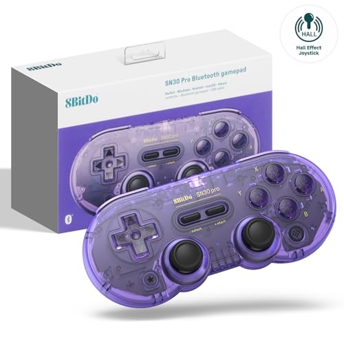8Bitdo Controlador de Juego Bluetooth SN30 PRO Compatible con Switch PC, Upgrade Hall Effect Joystick Gamepad Inalámbrico para PC, Windows, Android, macOS, Steam, Raspberry Pi (Transparencia Púrpura)