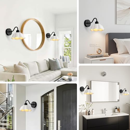 Image of Black Bathroom Wall Sconces Set of 2 Modern White Milk Glass Wall Light Fixtures Farmhouse Living Room Wall Mounted Lights Vintage Bedroom Hardwired Vanity Wall Lamps Set of Two MWL02-2BK