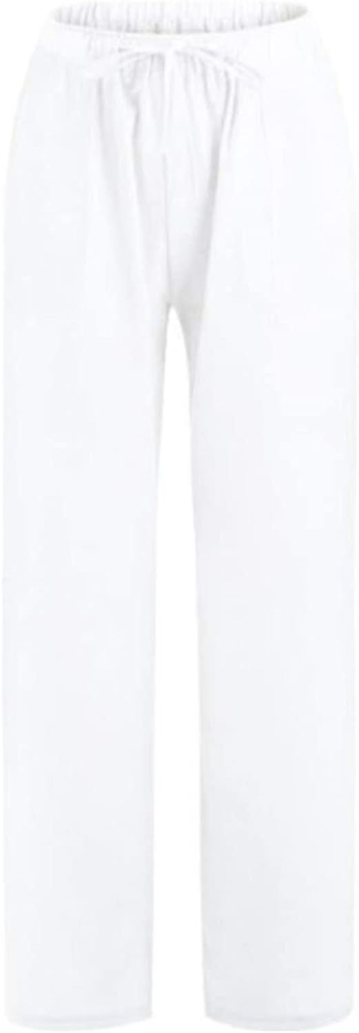 DGHM-JLMY Women's Linen Solid Color Casual Pants Wide Leg Drawstring Casual Flowy Pants Elastic Comfy Trousers with Pockets