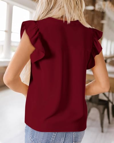 Zenlonr Womens Summer Tops 2026 Casual V Neck Ruffle Cap Sleeve Blouse Shirts Solid Color Tunic Tops(Wine Red,Small) — view 5