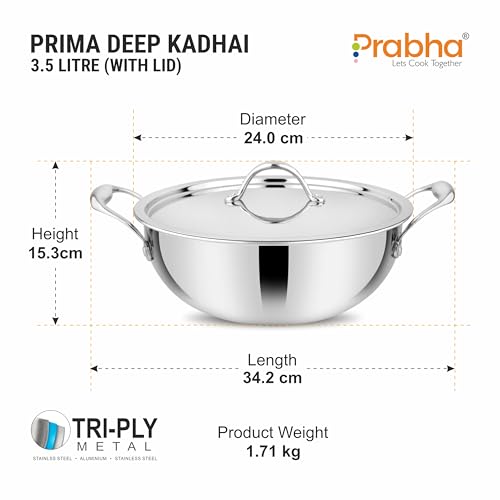 Image of Prabha Prima Deep Kadhai with Lid, Stainless Steel, Kitchen Kadhai, 24cm, 3.5L, Induction & Non Induction Base, 60 Months Warranty