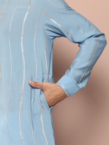 Image of See Designs Men's Long Sleeve Side Slit Chanderi Silk Sequins Mandarin Collar Kurta