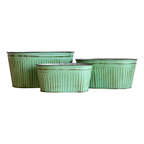 French Country Style Oblong Cache Pot Planters, Set Of 3, Distressed Pale Green Finish With Terracotta Undertones, Galvanized Zinc, Corrugated Details, 10.5, 9, And 7.5 Inches Long #TOP26