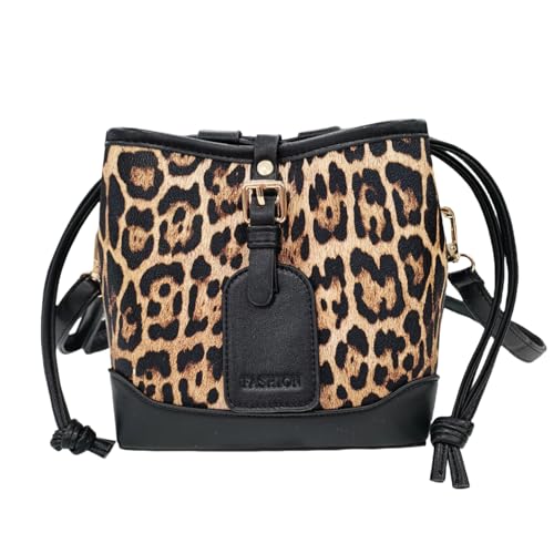 Small Leopard Print Bucket Bags for Women Drawstring Crossbody Bag PU Leather Shoulder Bucket Tote Bag Purse