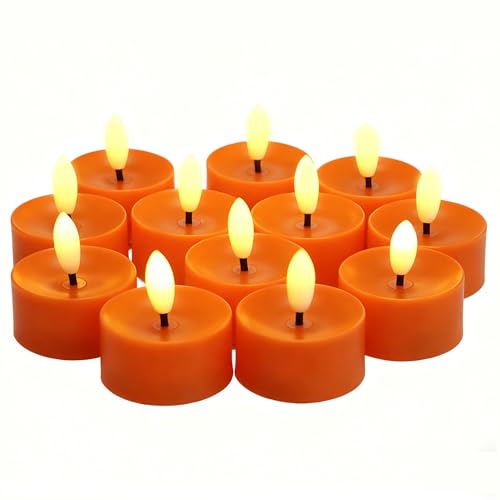 Image of CANDLE CHOICE Battery Operated Flameless Tea Lights Realistic Black Wick Bright Flickering LED Tealight Candles Wedding Table Centerpieces Halloween Christmas Decorations Batteries Incl 12 Pack Orange