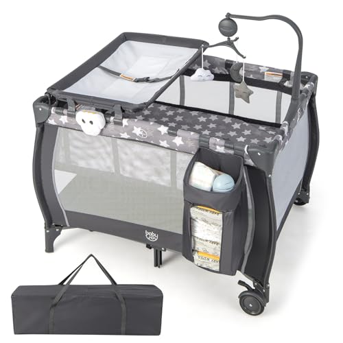 COSTWAY 3 in 1 Babybett klappbar, 2 Ebenen Reisebett mit Faltbarer Matratze, Wickelauflage, Spieluhr, Spielbogen & Tragetasche, Beistellbett mit Rollen für Baby bis 3 Jahren (Dunkelgrau)