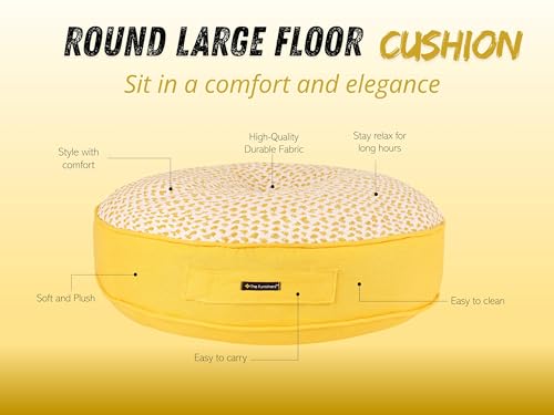 Image of Reversible 50x50x10 cm Woven Quilted Yellow Floor Cushion with Cotton Filler for Seating, Patio Seat, Meditation, Yoga, Pooja, Guests, Living Room, Bedroom, Large Size 20x20x4 Inch