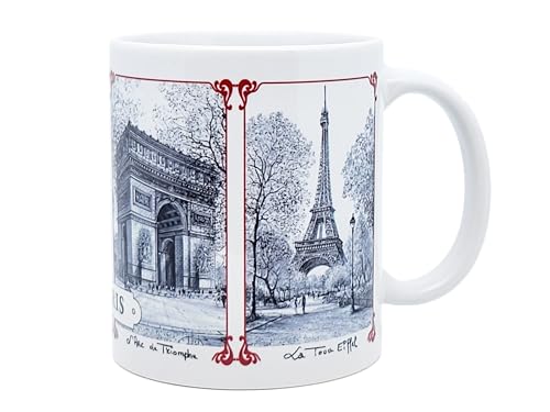 DESSAPT Arts - Paris 4 Monuments - Mug Céramique 325 ml - Tasse-Cadeau Unique avec les Magnifiques Paysages Parisiens - Imprimé en France - Blanc Brillant