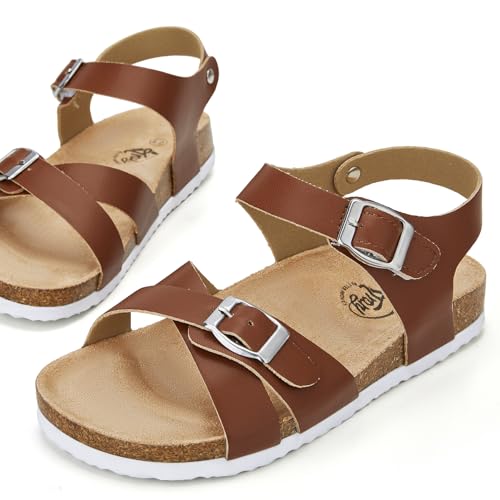 Image of Trary Girls Sandals Open Toe Casual Summer Shoes with Cork Footbed Comfortable Flat Sandals for Little Kids