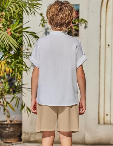 Image of Arshiner Boy's 2 Pieces Linen Sets Short Sleeve Henley Shirt and Shorts Summer Beach Matching Outfits 4-12 Years