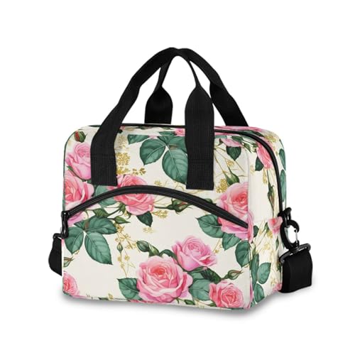 Insulated Lunch Bag Reusable Cooler Pink Flower Leaves Lunch Box Adjustable Shoulder Strap for Adults School Office