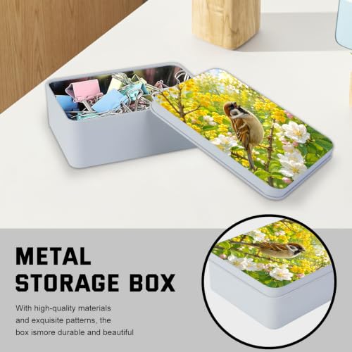 Image of Decorative Metal Tin Box with Lid,Sparrow Yellow Flower Organizer