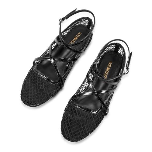 wetkiss Mesh Ballet Flats for Women Round Toe Ballerina Flats Shoes Comfortable Adjustable Ankle Strap Fishnet Mary Jane Flats