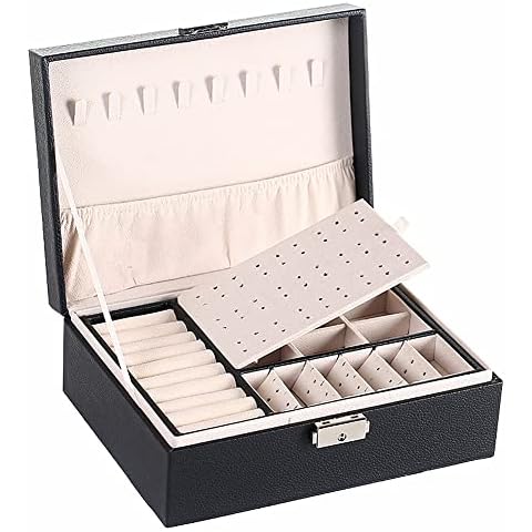 NuAngela Large Jewelry Box Organizer for Women Girls, 2 Layer Jewelry Storage Case, PU Leather Display Jewellery Holder With Removable Tray for Necklace Earrings Rings Bracelets (Black) Cover