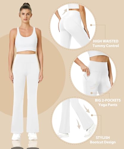 Friptspyg Damen Hose mit Taschen Casual Arbeit Hose High Waist Yogahose Stretch Jogginghose Bootcut Sporthose Freizeit Yoga Pants, Weiß M
