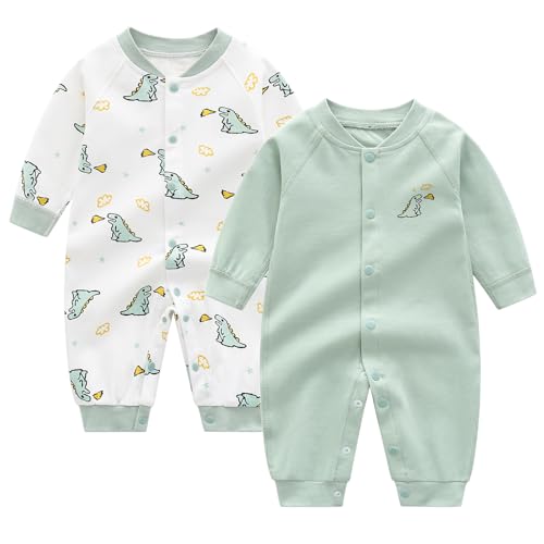 Image of Egaivtya 2 Pack Baby Boy Rompers Newborn Clothes With Snap Button | 100% Cotton Footless Baby Jumpsuit,Long Sleeve Newborn Outfit Sets,Cartoon Print,Snug Fit