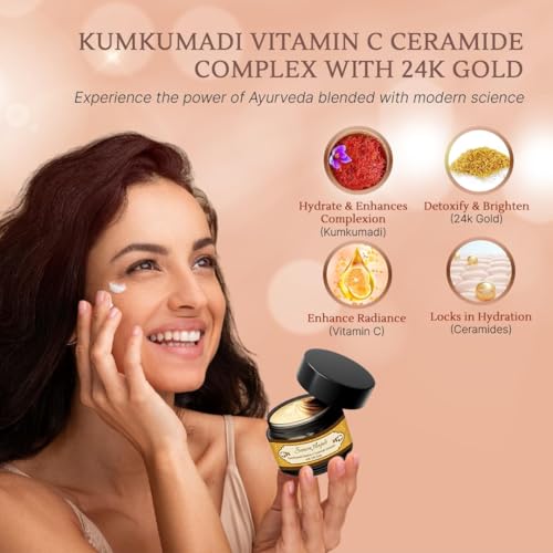 Kumkumadi Vitamin C Ceramide Complex with 24K Gold | Anti Aging Skin Brightening Moisturizer for Glow | Natural Face Cream for Woman & Men | Barrier Repair & Radiance Booster | All Skin Types | Day & Night | 50 gm