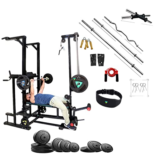 Image of ABS Tower Home Gym with 75KG Rubber Weight Plates, Heavy Duty 2x4 Inch Steel Pipe Frame, Multifunction Workout Bench for Strength Training and Exercise, Black