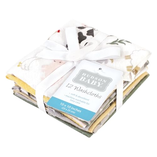 Image of Hudson Baby Unisex Baby Flannel Cotton Poly Washcloths, Cute Farm 12 Pack, One Size