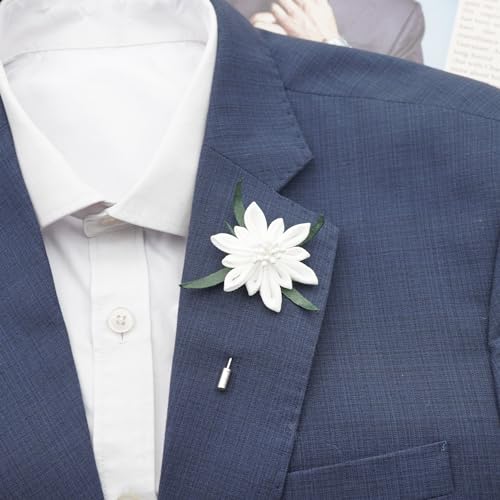 DOTRI 1.9inch EDELWEISS Flower Lapel Pin for Men, Fabric Flower Boutonniere, Handmade Men Suit Accessories, Groom's Pin, Gift for Teacher's Day, Halloween, Wedding3