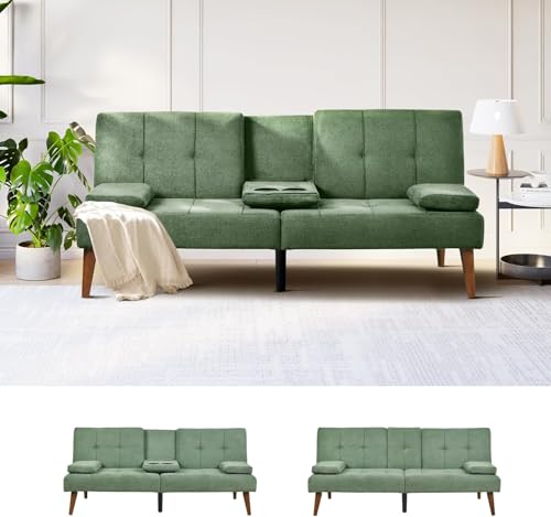 CHAIRKER Futon Sofa Bed, 65in Convertible Fabric Sleeper Sofa Bed with Dual Cup Holders and Wood Legs, Comfy Daybed Small Couches for Living Room Bedroom Office Apartment