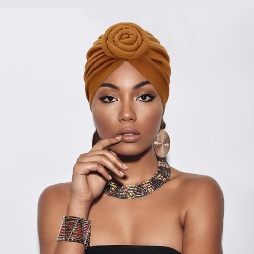 Image of DRESHOW 5 Pack Knotted Headwraps for Women African Turban Pre-Knotted Beanie Headwraps Hair Covers