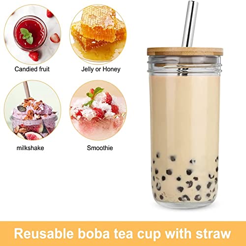 [4 Pack] Glass Cups Set 24 Oz Wide Mouth Mason Jar Cups Drinking Glasses With Bamboo Lids And Silver Straws,Reusable Boba Cup Bubble Tea Cups Glass Tumbler For Iced Coffee,Smoothie,Large Pearl,Juice #TOP4
