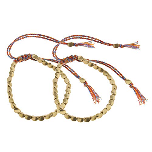 EMSea Tibetan Copper Beads Braided Rope Bracelet Handmade Lucky Colourful Tassel Cord Unisex Bracelet Adjustable Size 2 Pcs