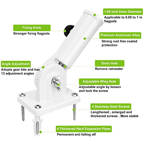 Flag Pole Holder, Outside House Flag Pole Bracket, Heavy Duty Metal Flag Mount, Aluminum Alloy Mounting Brackets, Outdoor Adjustable Flag Holder- Strong Rust Free, Multi-Position 1 Inch White #TOP2