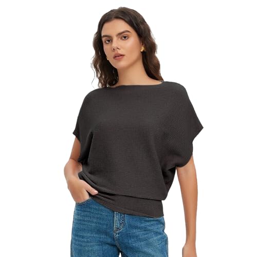 Image of EDSTAR Boat Neck Batwing Cap Sleeves Dolman Knitted Sweaters Summer Lightweight Pullovers Tops for Women (Cap Sleeve, Black)