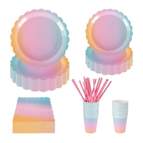 PHUNAT Ensemble de vaisselle de fête arc-en-ciel 125 pièces jetables, assiettes en carton, serviettes, gobelets pour 25 invités, fournitures de fête...