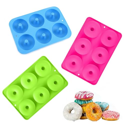 BaiDrivora Doughnut Mould - 3 Pcs 6-Cavity Food Grade Silicone Non-Stick Donut Mould for Baking Reusable Doughnut Mould for Donuts Doughnuts Bagels Muffins (Pink/Blue/Green)