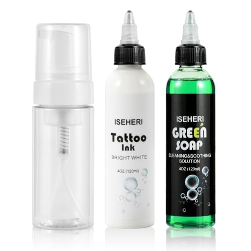 ISEHERI - Professional White Tattoo Ink & Ultra Concentrated Green Soap Tattoo 4 oz with Foaming Bottle - Premium Quality Kit for Tattoo Artists
