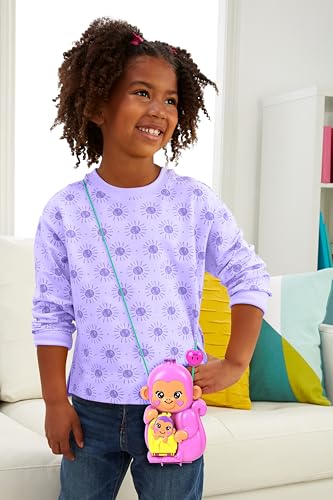 Polly Pocket Puppen & Spielset mit Tieren und 13 Accessoires, 2-in-1 Affenmama und Baby, tragbare Tasche und Tierspielzeug, HWP04