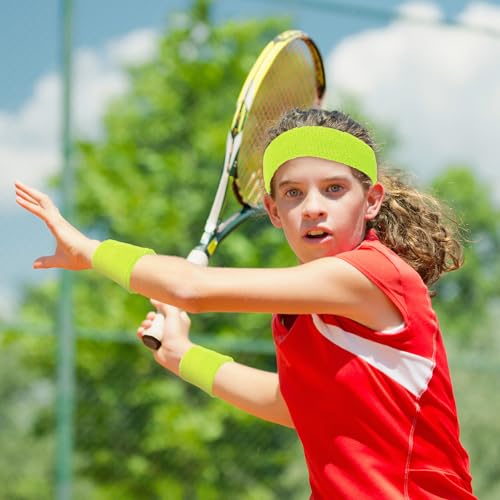 Image of Bememo 36 Pcs Neon Sweatbands Set for Kids 12 Headbands 24 Wristbands Bulk Sports Sweat Bands Athletic for Children Basketball Tennis Running Gym Student Gifts Glow Party