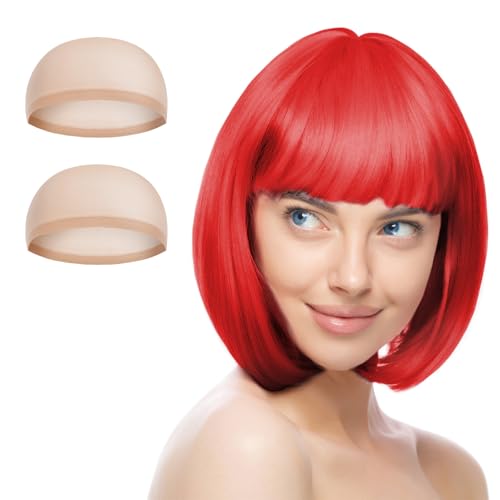 AUYAO Peruca vermelha brilhante, reta curta peruca de anime cosplay com rede de cabelo, perucas curtas bob com franja, perucas de cor néon para Halloween carnaval de mulher e meninas