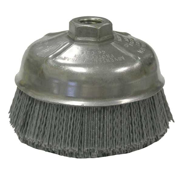 Image of Weiler 14576 5 inch Nylox Cup Brush, .040 inch /120 Grit Crimped Nylon Fill, 5 /8 inch-11 UNC Nut, Made in the USA