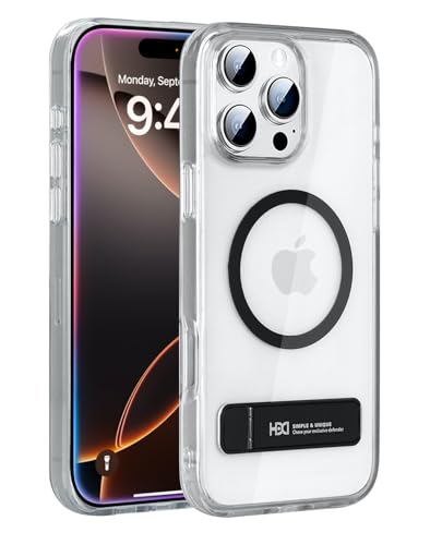 Image of BOUNCEBACK Polycarbonate Shockproof Transparent Hybrid Back Case /Cover with Kick Stand Support Magnetic Charging for iPhone 16 Pro - (Clear Black)