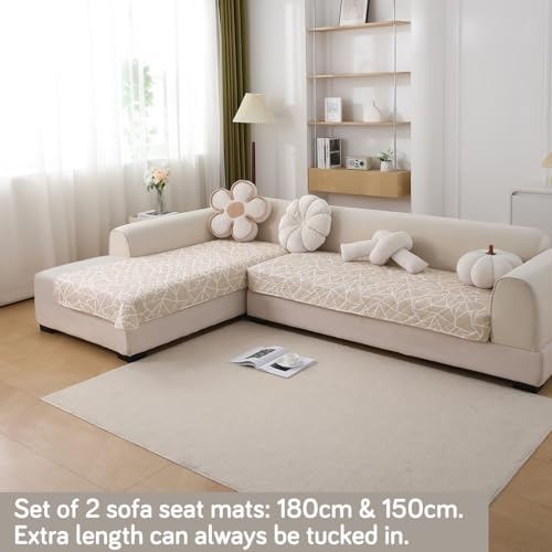 Image of HOKIPO 'Elira Series' Printed Water Repellent + Waterproof Quick Dry L Shape (3+2 Seater) Sofa Seat Cover Mat, Beige Abstract Geometry (AR-5249-C3 + AR-5246-C3)