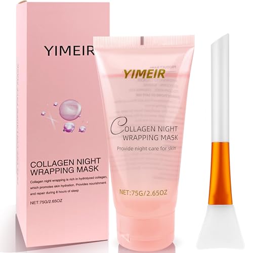 Collagen Night Wrapping Mask with Brush - Hydrolyzed Collagen Overnight Wrapping Peel Off Facial Mask Pack - Tightens & Hydration Collagen Face Mask Skin Care, Reduces Sagging & Dullness (Pink)