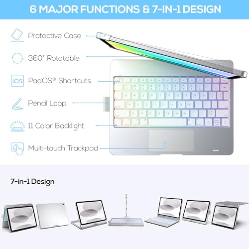 Image of typecase Touch iPad 11th 10th Generation Case with Keyboard (11 inch 2025, A16 & 10.9 inch 2022) - 360 Rotatable, 11-Color Backlit, Multi-Touch Trackpad, Pencil Holder, Thin & Light - Silver