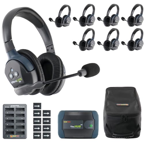 EARTEC HUB8D Ultralite-HD 8 Person Full Duplex Wireless Intercom Headset Communication System, Dual Ear Headsets, Up to 1000ft Range, U.S. Company