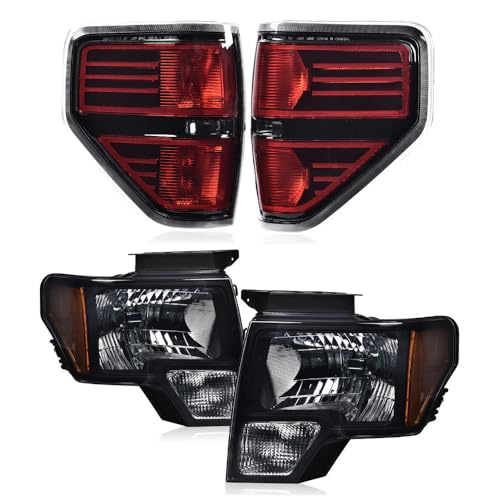 PIT66 Left & Right Headlight Headlamp Assembly + Tail Lights Compatible With Ford F150 2009 2010 2011 2012 2013 2014 Halogen Smoky & Red Lens FO2503289 FO2502289 FO2818148