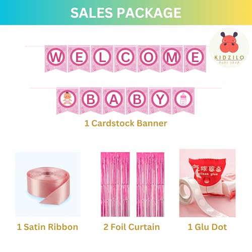 Image of 57 Pcs Welcome Baby Girl Decoration Kit | Balloons, Banner, Curtains, Foils, Stars, Hearts, Ribbon & Confetti for Baby Shower & Newborn Celebration Set 09