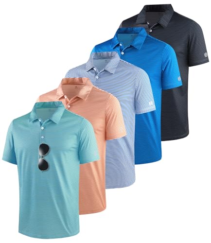 Image of ZITY 5 Pack Mens Golf Striped Polo Shirts Short Sleeve UPF 50+ Moisture Wicking Athletic Daily Casual Collared Shirt