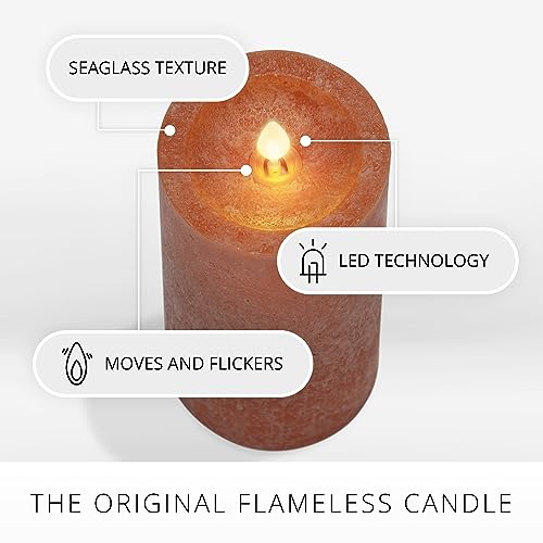 Image of Luminara Sea Glass Flameless Candle, Harvest Pumpkin 3 inch x 6.5 inch, Moving LED Flame Pillar with Timer, Battery Operated, Real Wax, Unscented Home Decor